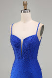 Corsé azul real perlas Bodycon vestido corto de bienvenida con cuentas