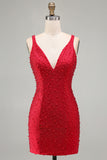 Vestido corto de bienvenida corto de bienvenida con perlas rojo brillante de bodycon escote en V y cuentas