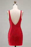 Vestido corto de bienvenida corto de bienvenida con perlas rojo brillante de bodycon escote en V y cuentas