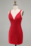 Vestido corto de bienvenida corto de bienvenida con perlas rojo brillante de bodycon escote en V y cuentas