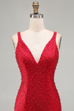 Vestido corto de bienvenida corto de bienvenida con perlas rojo brillante de bodycon escote en V y cuentas