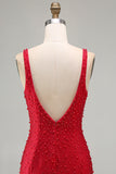 Vestido corto de bienvenida corto de bienvenida con perlas rojo brillante de bodycon escote en V y cuentas