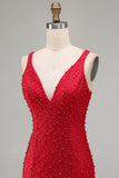 Vestido corto de bienvenida corto de bienvenida con perlas rojo brillante de bodycon escote en V y cuentas