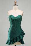 Corsé bodycon verde oscuro, perlas con cuentas, dobladillo asimétrico con volantes Vestido de bienvenida