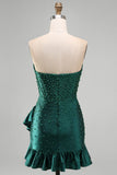Corsé bodycon verde oscuro, perlas con cuentas, dobladillo asimétrico con volantes Vestido de bienvenida
