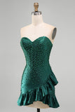 Corsé bodycon verde oscuro, perlas con cuentas, dobladillo asimétrico con volantes Vestido de bienvenida