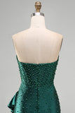 Corsé bodycon verde oscuro, perlas con cuentas, dobladillo asimétrico con volantes Vestido de bienvenida