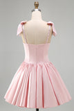 Corsé rosa de satén A-line, vestido corto de bienvenida fruncido con cuentas y lazos