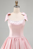 Corsé rosa de satén A-line, vestido corto de bienvenida fruncido con cuentas y lazos