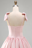 Corsé rosa de satén A-line, vestido corto de bienvenida fruncido con cuentas y lazos