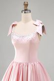 Corsé rosa de satén A-line, vestido corto de bienvenida fruncido con cuentas y lazos
