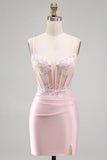 Corsé rosa bodycon transparente, lentejuelas, vestido corto de satén de bienvenida con apliques