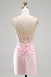 Corsé rosa bodycon transparente, lentejuelas, vestido corto de satén de bienvenida con apliques