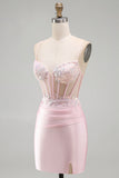 Corsé rosa bodycon transparente, lentejuelas, vestido corto de satén de bienvenida con apliques
