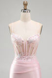 Corsé rosa bodycon transparente, lentejuelas, vestido corto de satén de bienvenida con apliques