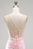 Corsé rosa bodycon transparente, lentejuelas, vestido corto de satén de bienvenida con apliques