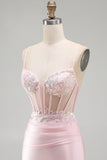 Corsé rosa bodycon transparente, lentejuelas, vestido corto de satén de bienvenida con apliques
