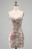 Corsé Jacquard de flor rosa con lentejuelas bodycon vestido corto sin tirantes para el homecoming