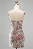 Corsé Jacquard de flor rosa con lentejuelas bodycon vestido corto sin tirantes para el homecoming