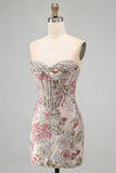 Corsé Jacquard de flor rosa con lentejuelas bodycon vestido corto sin tirantes para el homecoming