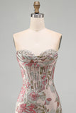 Corsé Jacquard de flor rosa con lentejuelas bodycon vestido corto sin tirantes para el homecoming