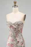 Corsé Jacquard de flor rosa con lentejuelas bodycon vestido corto sin tirantes para el homecoming