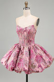Corsé de flor roja Jacquard A-Line Strapless Short Homecoming vestido con dobladillo burbuja