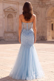 Corsé de sirena transparente con tul de tul y cuentas azul claro, vestido largo de graduación sin tirantes con abertura