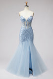 Corsé de sirena transparente con tul de tul y cuentas azul claro, vestido largo de graduación sin tirantes con abertura