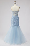 Corsé de sirena transparente con tul de tul y cuentas azul claro, vestido largo de graduación sin tirantes con abertura