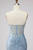 Corsé de sirena transparente con tul de tul y cuentas azul claro, vestido largo de graduación sin tirantes con abertura
