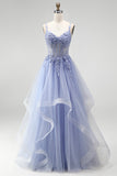 Corsé azul A transparente con lentejuelas, vestido largo de graduación con bordado floral