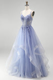 Corsé azul A transparente con lentejuelas, vestido largo de graduación con bordado floral