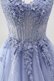 Corsé azul A transparente con lentejuelas, vestido largo de graduación con bordado floral