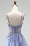 Corsé azul A transparente con lentejuelas, vestido largo de graduación con bordado floral
