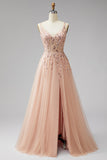 Champán Aplique florales 3D de escote en V, Tul de lentejuelas, Vestido Maxi A-Line con abertura