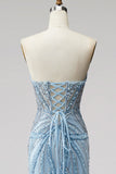 Vestido de baile de fin de curso sin tirantes de perlas azul claro con cuentas