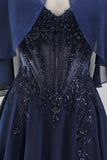 Corsé azul marino de gasa A-Line con tirantes finos Vestido largo de madre de la novia con capa