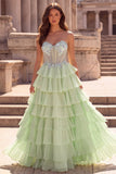 Vestido largo de graduación de galera verde claro con volantes en forma de A-Line 3D Corsé Vestido largo de graduación con pedrería