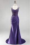 Sirena con purpurina, lentejuelas, corsé fruncido, vestido largo morado morado con abertura