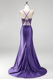 Sirena con purpurina, lentejuelas, corsé fruncido, vestido largo morado morado con abertura