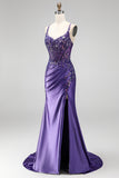 Sirena con purpurina, lentejuelas, corsé fruncido, vestido largo morado morado con abertura