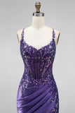 Sirena con purpurina, lentejuelas, corsé fruncido, vestido largo morado morado con abertura