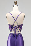 Sirena con purpurina, lentejuelas, corsé fruncido, vestido largo morado morado con abertura