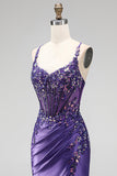 Sirena con purpurina, lentejuelas, corsé fruncido, vestido largo morado morado con abertura