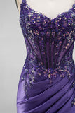 Sirena con purpurina, lentejuelas, corsé fruncido, vestido largo morado morado con abertura