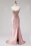 Corsé rosa, sirena transparente con cuentas, lentejuelas, perlas, satén fruncido, vestido largo de graduación con abertura