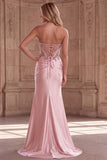 Corsé rosa, sirena transparente con cuentas, lentejuelas, perlas, satén fruncido, vestido largo de graduación con abertura