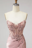 Corsé rosa, sirena transparente con cuentas, lentejuelas, perlas, satén fruncido, vestido largo de graduación con abertura