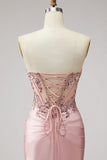Corsé rosa, sirena transparente con cuentas, lentejuelas, perlas, satén fruncido, vestido largo de graduación con abertura